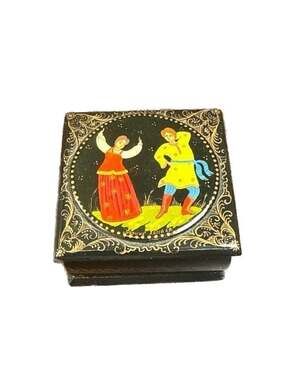 Vintage Kholui Russian Black Lacquer Hand Painted Hinged Trinket Box